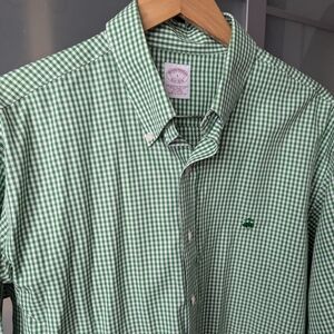 Men's Brooks Brothers Green Check Button Down Non-Iron Shirt 100% Cotton - Large